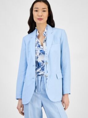 Anne Klein Women's Linen Blend Notch-Front Blazer/Opal Blue Size 8 NWT